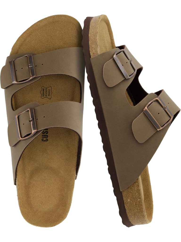 Men's Brown Lane Cork Footbed Sandals Adjustable Buckle Comfort Slides